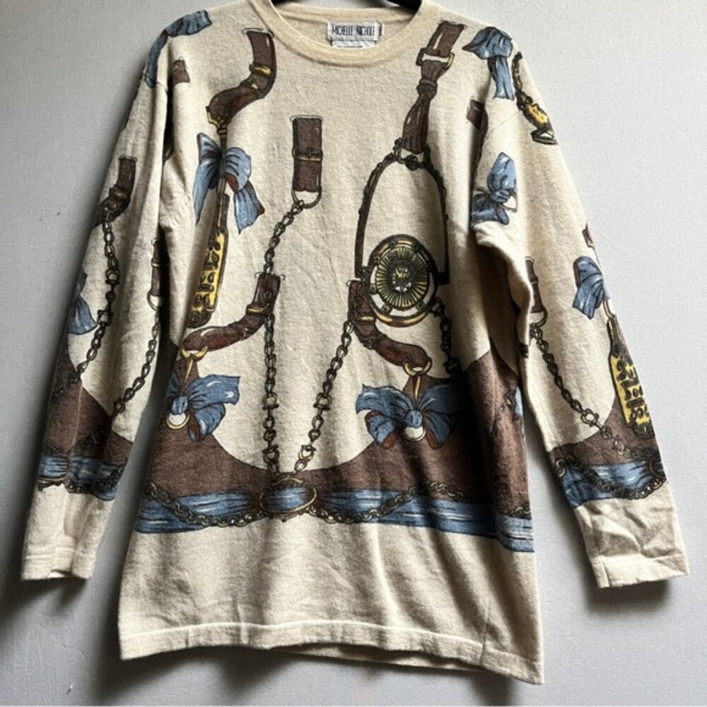 Vintage Elegant Beige and Blue Women's lambswool angora Sweater.